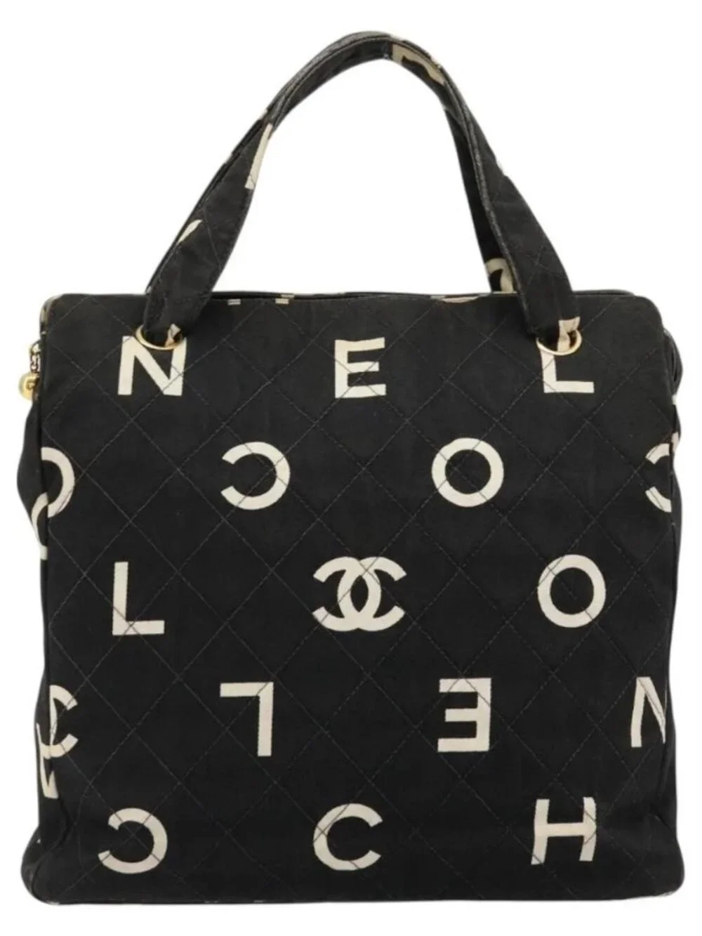 CHANEL Matelasse Hand Bag Canvas Black Gold CC Auth 182910